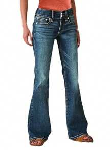 Luscious Curvy Bootcut Jeans For Women Mid-Rise Insta Stretch Denim Double Button Flip Back Pocket  Women Mid Waisted Bootcut Jeans Zip Stretchy Slim Casual Double Button Flare Denim Pants With Distressed Pocket - Dark Wash - View 4