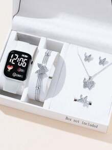 6 Stücke/Set LED Liebesuhr + Legierungs-Diamant Schmuckset mit kleinem Schmetterling/Schleierkraut/Herz/Schleife/Krone, bestehend aus Halskette, Armband, Ohrstecker, Ring, geeignet für den täglichen Gebrauch, schlicht und elegant, die beste Wahl für Halloween, Weihnachten, Valentinstag, Muttertag, Urlaubsgeschenke