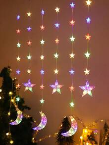 1条2米/2.56英尺69颗LED室内装饰星月帘灯，电池供电，闪光灯，卧室墙面装饰仙女LED月亮串灯，婚礼派对装饰星光灯串，户外装饰星光灯，情人节装饰灯串 - 彩色 - 查看 8