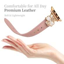 Curea din piele compatibilă cu 38mm 40mm 41mm 42mm 44mm 45mm 46mm 49mm pentru femei – Ultra-subțire, rafinată, rezistentă la transpirație, confortabilă – Simplă, elegantă, la modă – Design cu diamant și trifoi cu patru foi – Compatibilă cu Series 10, 9, Ultra SE, 8, 7, 6, 5, 4, 3, 2, 1 – Accesorii pentru curea de schimb