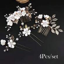 2/3/4 piezas Pasador de pelo con flores y perlas de imitación para mujer, y 1 peineta para bodas, fiestas, tocados estilo bohemio