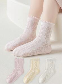 3 Pairs Girls' Bow Lace Trim Mid-Calf Socks, Cute Design, Spring - Multicolor - View 1