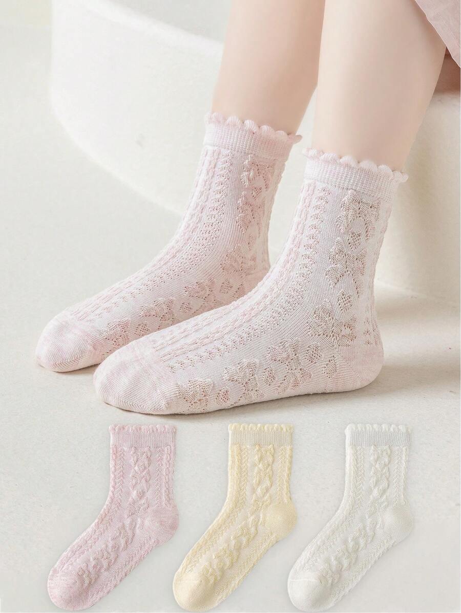 3 Pairs Girls' Bow Lace Trim Mid-Calf Socks, Cute Design, Spring - Multicolor - View 1