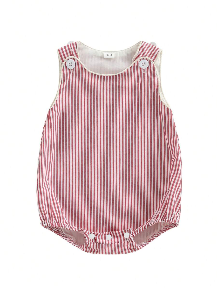 Baby Boy Romper Summer Sleeveless Round Neck Button Shoulder Stripes Print Romper Newborn Overalls - Đỏ - Xem 1