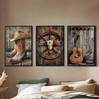 Set de 3 obras de arte en lienzo de estilo vaquero occidental - Impresiones de estilo vintage para decoración de sala de estar, dormitorio, oficina y baño, carteles de pared sin marco