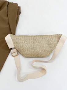 Jacquard Zipper Waist Bag, Crossbody Fanny Pack, Rattan Beach Waist Pouch - Khaki - View 9