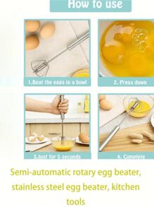 1pc Easy Manual Egg Beater Stainless Steel Hand Whisk, Semi-Automatic Press & Rotate For Home Kitchen, Suitable For Eggs, Milk, Dough Mixing