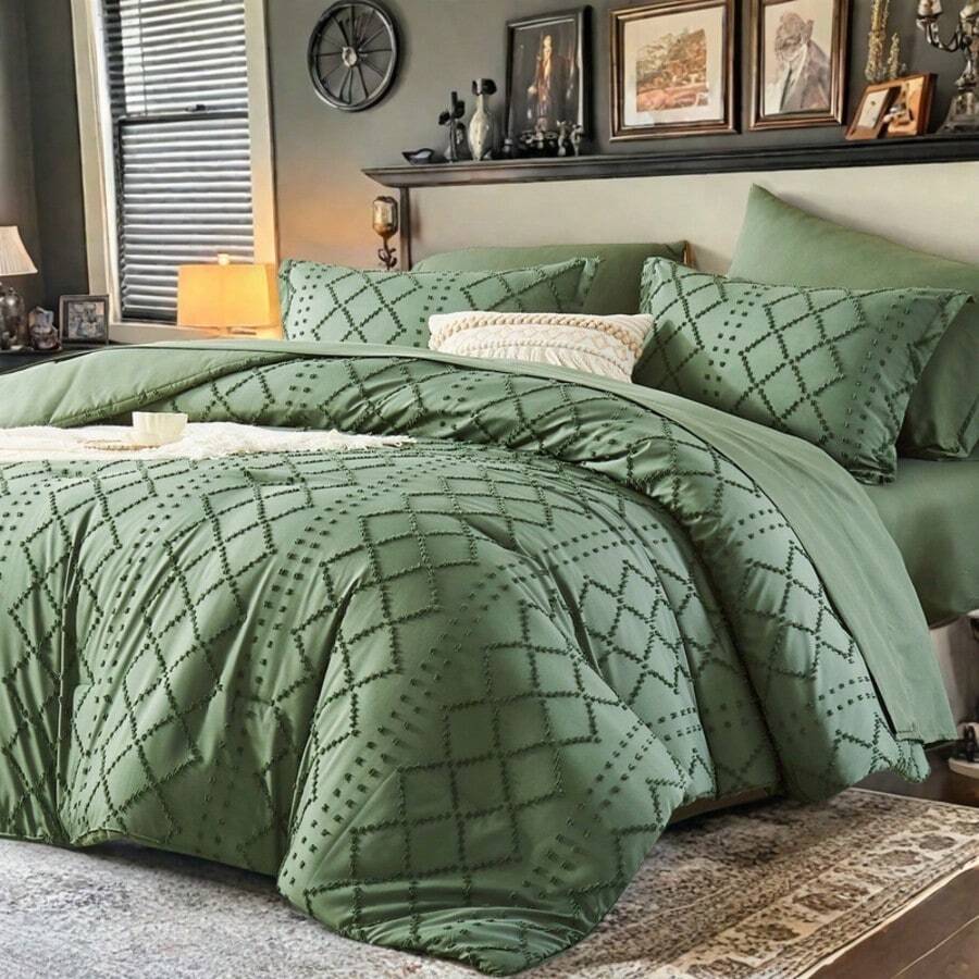 7pieces(Full/Queen/King)Lightweight Solid Comforter Set For All Seasons,Twin(5 Pieces),Soft & Comfortable Bed In A Bag Set For Student/Friends/Colleage,A Cloud-Like Sleeping Space All Year Round,Spring/Summer/Autumn/Winter,Great Gift - 墨綠色 - 查看 1