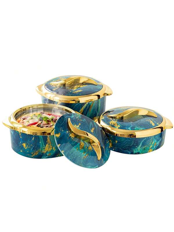 3pcs, Golden Touch Food Warmer, Thermal Casserole Dish Set With Lids, Insulated Stainless Steel Container For Hot & Cold Food, Serving Bowl For Buffets, Hot Pot Sets Food Warmer, Hot Pot Food Warmer Set, Tableware Casseroles Set, For Office