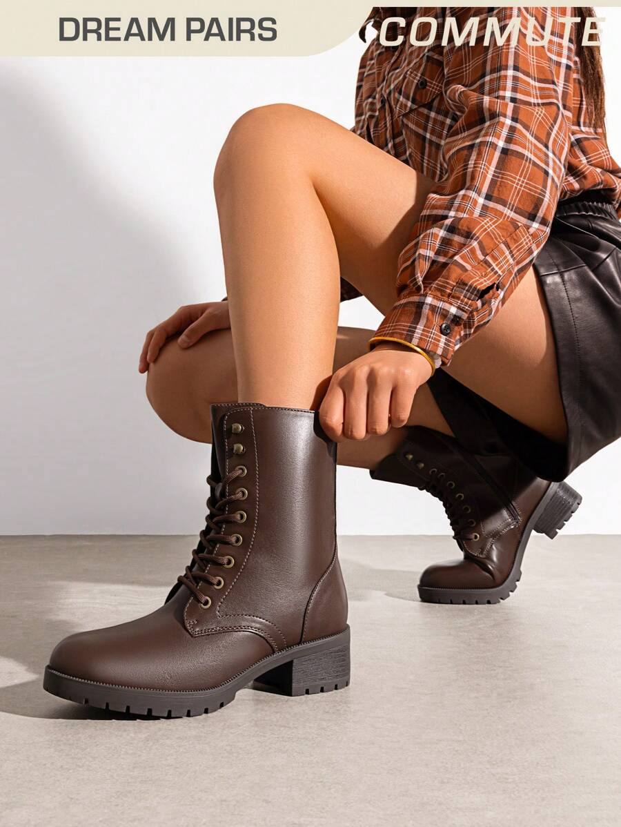 Women's Combat Boots Mid-Calf Boots Round Toe Classic Military Boots Commuter Street Outdoor Brown Boots - 棕色 - 查看 1