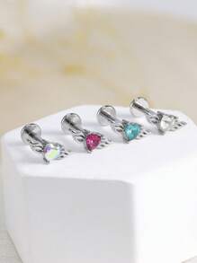 1 Stainless Steel Heart-Shaped Cubic Zirconia And Wing Combination Lip Stud, Lip Ring, Cartilage Earrings, Women's Party, Daily Wear Body Piercing Jewelry, Suitable For Valentine's Day, Women's Day, Mother's Day Gift