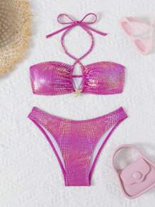 wohenmeili 时尚新款亮面印花性感比基尼女式两件套，配可爱星星配饰，个性化沙滩派对泳装