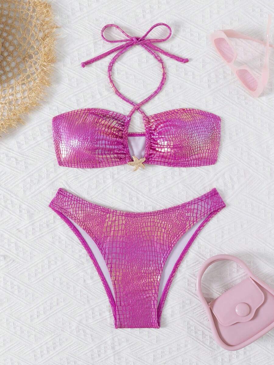 wohenmeili 时尚新款亮面印花性感比基尼女式两件套，配可爱星星配饰，个性化沙滩派对泳装