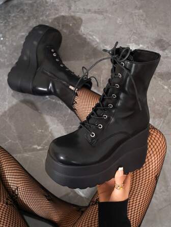 秋冬女式厚底靴，2025春秋新款时尚系带拉链增高踝靴，女靴