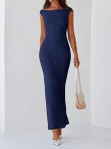Women Elegant One Shoulder Mesh Maxi Dress Maxi Dress Summer Sleeveless Ruched Slit Back Bodycon Dress Formal Cocktail Wedding Guest Night Out Evening Valentine's Day Long Maxi Dress - 藏蓝色 - 查看 6