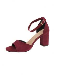 2025 Spring/Summer New Women's Sandals, Black Thick Heel Mid-Heel Peep Toe Ankle Strap Sexy French Fashion Versatile Sandals - Burgundy - View 7