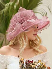 Elegant Women's Sun Hat With Floral Sheer Veil, Wavy Brim, Wide Brim Summer Outdoor Hat - Multicolor - View 9