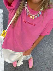超大号女式休闲“Out Of Office”图案圆领短袖 T 恤