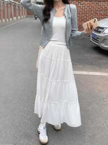 女士白色拼布蛋糕裙，A字飘逸松紧腰百褶裙，适合冬季、圣诞节、春节，可搭配针织开衫