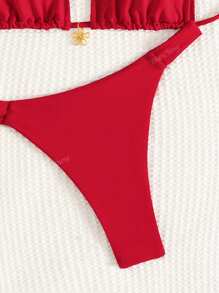 Nuovo set bikini estivo senza fili, con spalline a spaghetti, stile halter, schiena incrocista, laccetti, triangolo vita bassa - Tutto Rosso
