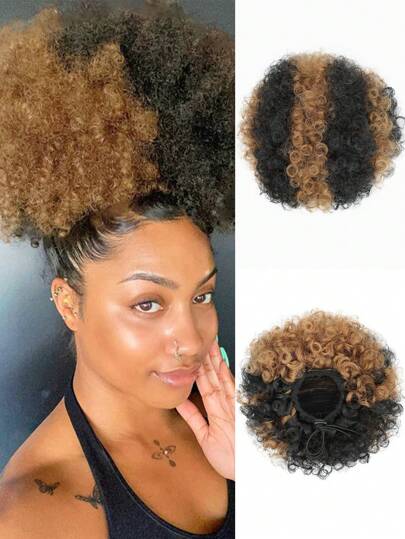 Afro Puff Drawstring Ponytail, 8Inch Curly Afro Bun Extensions Synthetic Fiber Hair Extensions, Short Afro Hairpieces Updo Hair For Women(Black)(Dark Brown)