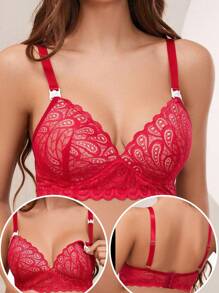 Lace Patchwork Nursing Bras For Women, Wireless Soft & Comfortable Undergarment - Burgundy - View 5