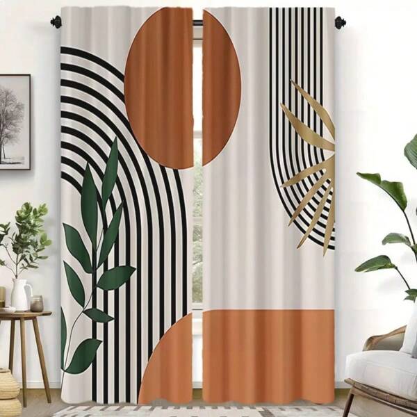2 Pieces Boho Artistic Curtains - Modern Geometric Design With Black, Beige And Gold Accents - Semi-Sheer, Machine Washable Polyester, Suitable For Living Room, Bedroom, Kitchen, Office Decor, Living Room Curtains
