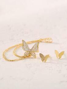 1 Set de aretes de moda con elemento de mariposa y cubic zirconia (CZ) micro-incrustado, que incluye 1 cuff para la oreja y 1 arete tipo stud (pieza de rombo: cantidad aleatoria) - Amarillo Oro - Ver 5