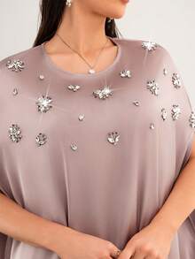 Women's Round Neck Rhinestone Embellished Casual Dress, Summer - Pink - View 3