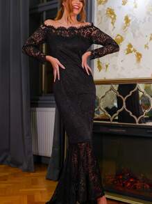 Women's Spring Summer Fantasy Sexy Elegant Off Shoulder Black Mermaid Maxi Long Wedding Dress Bridal Evening Dress Long Sleeve Cocktail Party Lace Dress