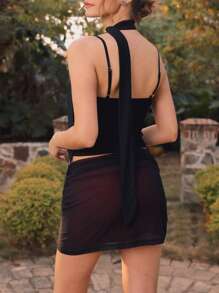 3pcs Set: Women Sexy Mesh 3D Rose Ruched Camis And Mesh Short Skirt And Mesh Scarf - Black - View 2