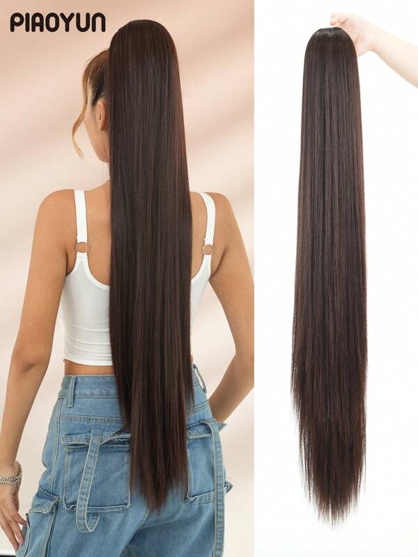 PIAOYUN 40 Zoll Kaffeebraun lange gerade Clip-In Haarverlängerung mit Ziehband, weiches natürlich aussehendes synthetisches Haarteil für Frauen und Mädchen für Party und täglichen Gebrauch