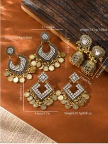 1pair Luxurious Vintage Heart-Shaped Rhinestone Earrings,South Asian Style Alloy Birdcage Pendant Jhumka Suitable For Women's Daily Wear, Party Jewelry