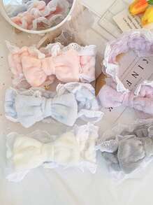 1/2/3 Pcs Cute Lace Plush New Style Face Washing Headband Wide Edge Pleated Sweet Bow Headband Female Wash Mask Headband Face Washing Headband Plush Hair Accessories Bathroom Hair Accessories Face Washing Headband