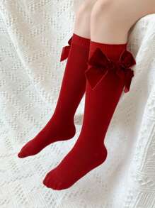 1 Pair Girls Mid-Calf Socks With Bow Decor, Cute Butterfly Lace Crew Socks, Versatile For Daily Wear, Summer - Red - View 31
