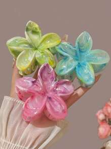 Set de 3 pinzas para el cabello de mujer de 8cm/3.15pulg con flores en degradado de rosa y verde, de plástico ligero, de moda, elegantes, de unicolor, adecuadas para uso diario, casual, fiesta, oficina, vacaciones, para recogerse el cabello, lavarse la cara, maquillarse, accesorio de vestimenta