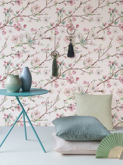 Roll Of Retro Thickened Painted Peach Blossoms, Blossom Branches, Groen Leaves, Home ation, Kitchen Cabinets, Tables, Chairs, Room Backgrounds, Renovation, DIY, Waterproof, Stain Resistant, Easy To Clean, Self Adhesive, Peel Paste Wallpaper, Wand Stickers, Stickers Bathroom Bedroom ation Stuff Living Ho Art Paper view 3