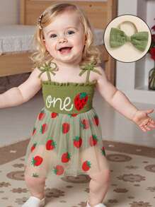 Baby Girl First Birthday Outfit Summer Sleeveless Smocked Fairy Berry One Romper Tulle Dress Baby Girl 1st Birthday Clothes One Year Old Tulle Romper Sleeveless Bodysuit Cake Smash Outfits + Headband - 綠色 - 查看 4
