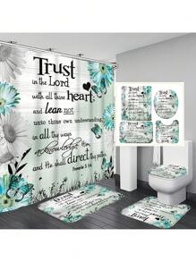 1pc/4pcs Floral & Bible Verse, Flower & Butterfly Print Multi-Function Bathroom Decor Set Incl. Waterproof Shower Curtain With 12 Hooks, Non-Slip Bath Mat, U-Shaped Toilet Mat & Round Toilet Lid Cover, Suitable For Entire Bathroom Back To School