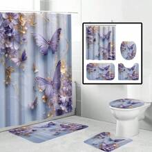 1/4pcs Artistic Floral & Butterfly Pattern Printed Waterproof Shower Curtain Set, Modern Minimalist Daily Elements, Bathroom Decor With 12 Hooks, Toilet Mat, Bathtub Curtain, Polyester Fabric, Machine Washable, Suitable As Gift For Hotel, Apartment, Home - Multicolor - View 20
