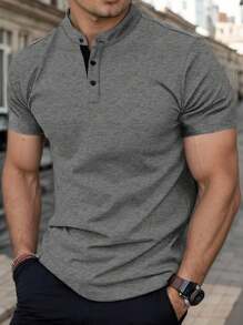 Men's Muscle Slim Henley Shirts Crewneck Longline T-Shirt Gym Workout Athletic Shirt Tees With Button - Light Grey - View 1