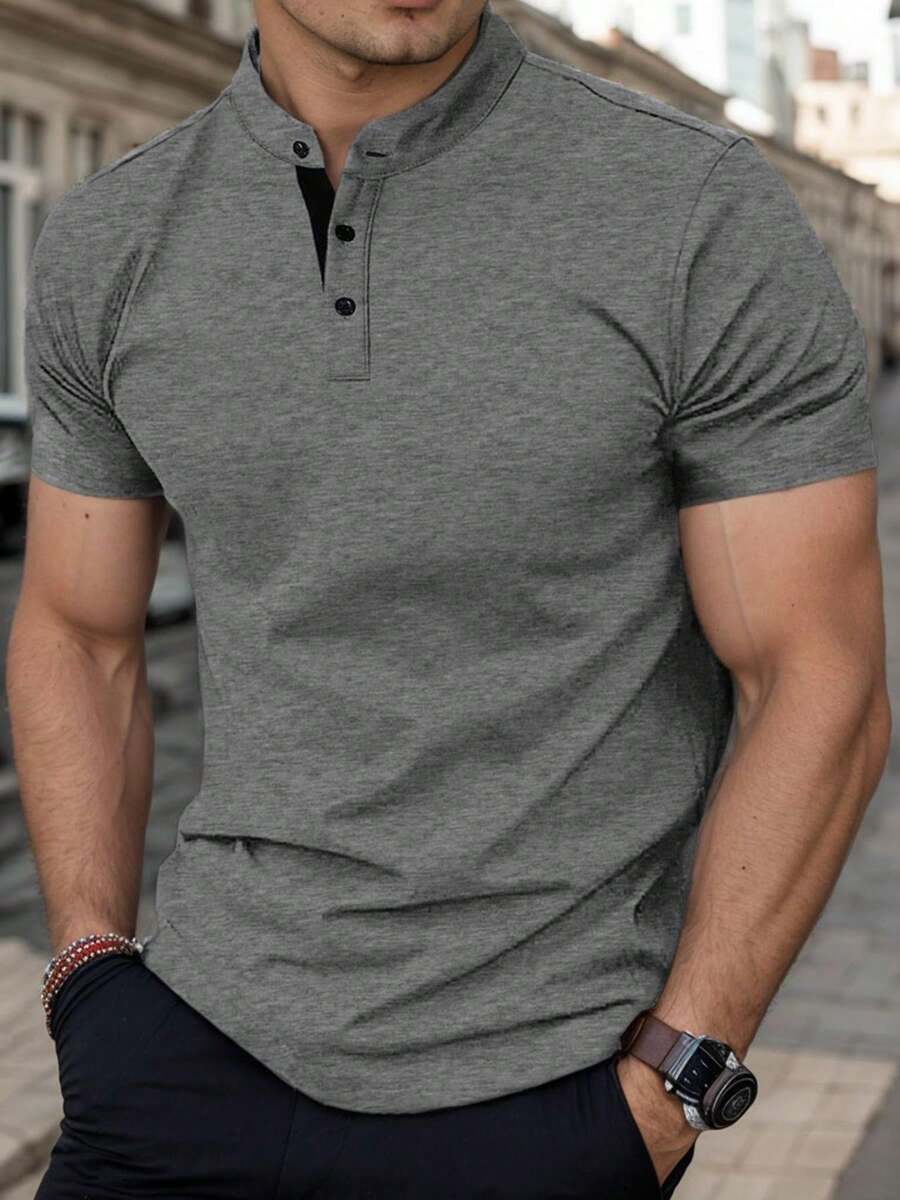 Men's Muscle Slim Henley Shirts Crewneck Longline T-Shirt Gym Workout Athletic Shirt Tees With Button - Light Grey - View 1