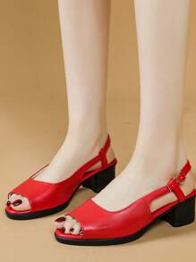 Women's Soft Leather Open Toe Chunky Heel Sandals, Summer