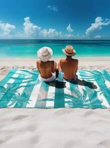 1件185*235厘米条纹棕榈树印花防水防沙沙滩毯，超大尺寸，轻便，适用于海滩、度假、旅行、户外露营、野餐、夏季旅行、假期浴室装饰、沙滩必备品 - 彩色 - 查看 8