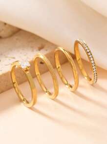 4 件套奢华欧式不锈钢水钻和方晶锆石女士戒指套装，适合日常佩戴和送礼 - 4pcs/set - 查看 23