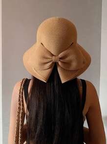 1pc Women Straw Hat With Bow, Large Brim Sun Hat For Beach, Outdoor, Spring/Summer, Fashion UV Protection - Multicolor - View 4