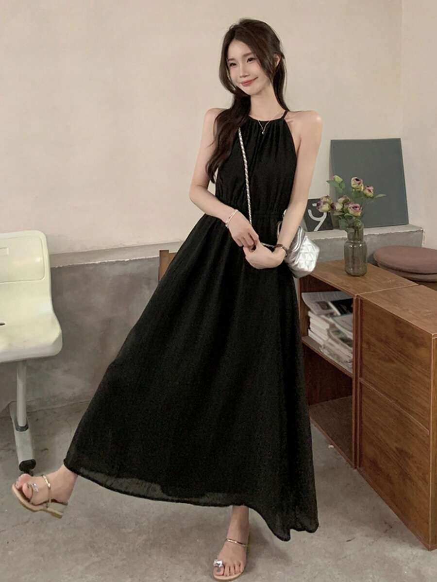 小众设计梨形身材黑色细肩带吊带裙，娇小女性的新款夏装 - 黑色 - 查看 1