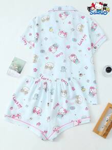 Set de 2 piezas de pijama para mujer de primavera/verano con parte superior de manga corta con botones y bolsillo con estampado de Hello Kitty de Sanrio y pantalones cortos con lazo, adecuado para uso en casa