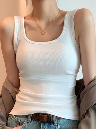 女士方领背心 无缝背心 基本款黑色修身上衣 无袖衬衫 贴身内衣 无袖罗纹双层内衣 背心 简约上衣 春夏运动内衣 宽肩带背心 弹力运动服 U 领外出背心 女士无袖背心汗衫 日常时尚穿着