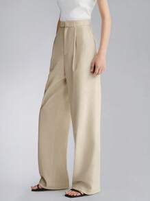 Pantalones de traje de pierna ancha con bolsillos laterales y cintura alta, aptos para primavera y otoño - Caqui - Ver 3